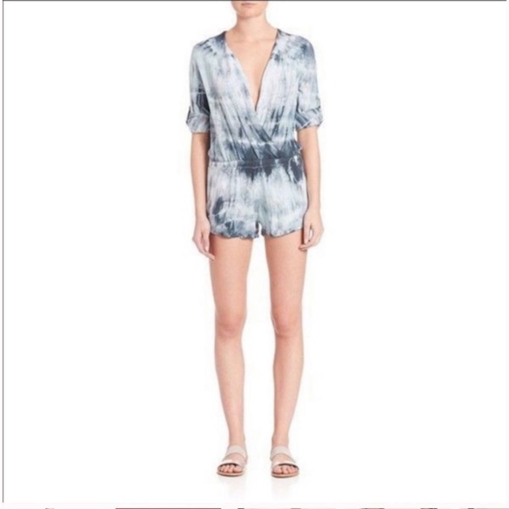 Bella Dahl Blue Tie Dye Romper Long‎ Roll Tab Sleeves V-neck Size XS